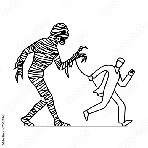 Cartoon of mummy chasing young male adult | line art halloween illustration, single line vector outline drawing