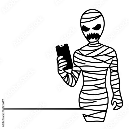 Mummy character holding smartphone in minimalist art, single line vector outline drawing