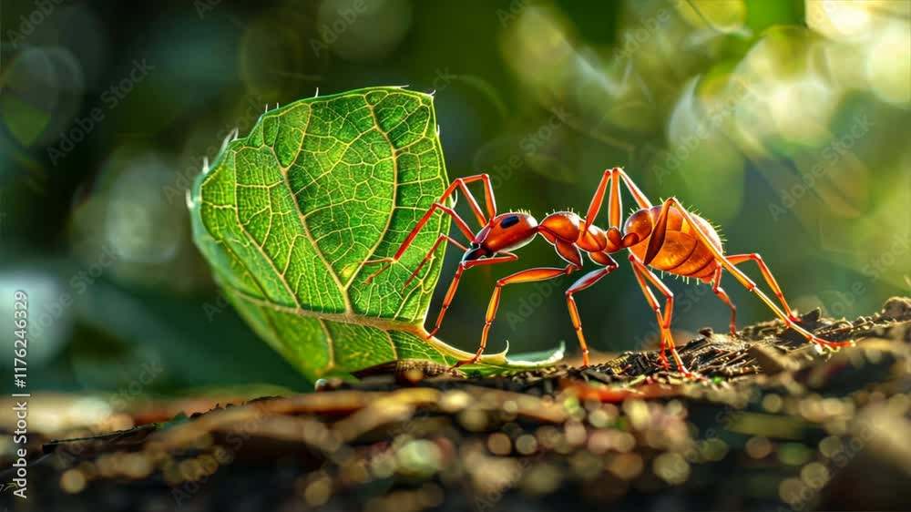 Close up of red ant carrying green leaf in nature, showcasing intricate details and vibrant colors with soft bokeh, highlighting wildlife and macro beauty.