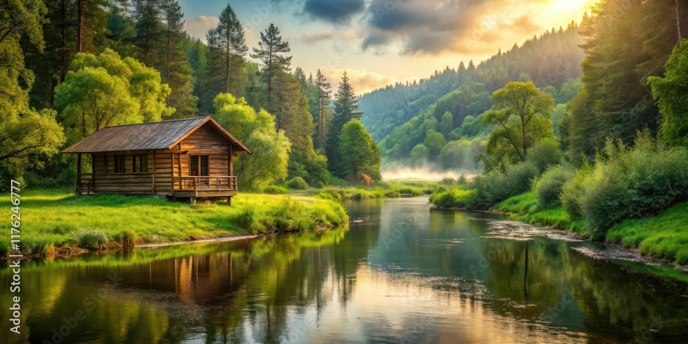 Fototapeta premium A serene and idyllic landscape with a wooden cabin nestled among lush greenery, surrounded by towering trees and a meandering river in the background, forest, natural beauty