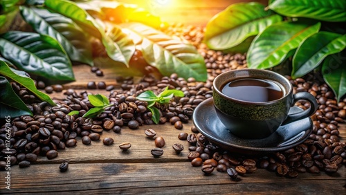 Aromatic black coffee cup surrounded by scattered coffee beans and lush green leaves on a wooden table, exuding warmth and coziness photo