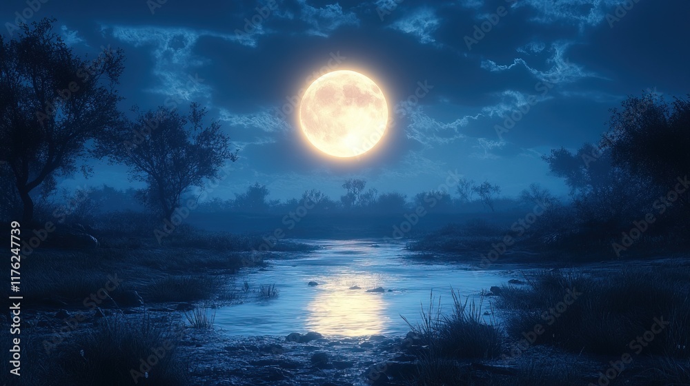 Naklejka premium A serene night scene featuring a full moon reflecting on a calm river surrounded by trees.