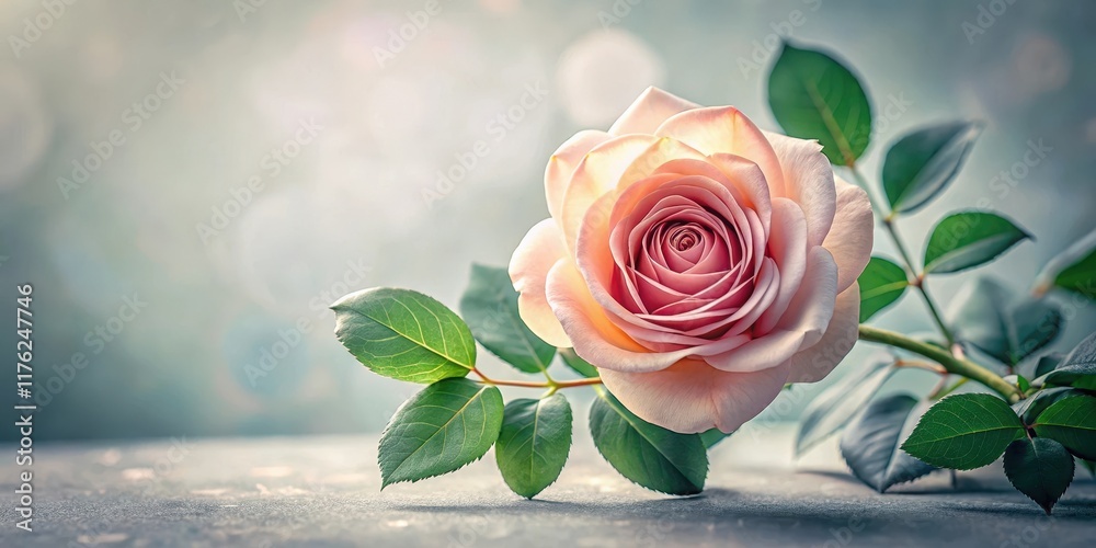 Fototapeta premium A delicate rose flower with intricately arranged leaves frames a serene and peaceful atmosphere