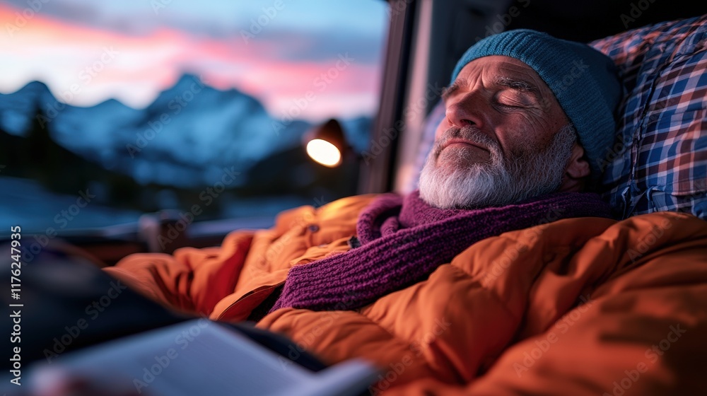 Fototapeta premium This image features a senior man enjoying a quiet moment reading inside a cozy vehicle, with beautiful mountains and a colorful sunset visible outside, exuding calmness and nostalgia.