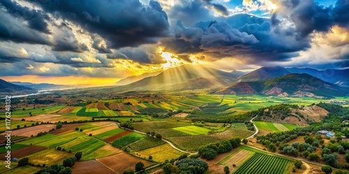 Lamia Valley, Phthiotis, Greece: Aerial Double Exposure of Colorful Fields and Olive Groves photo