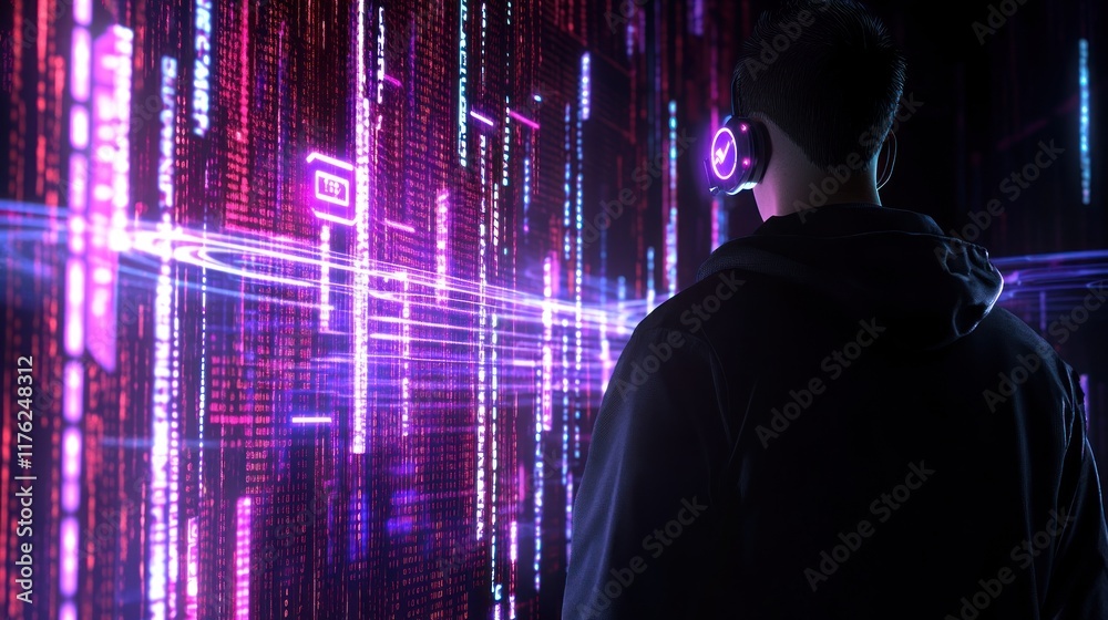 Fototapeta premium A person wearing headphones stands before a digital data wall.