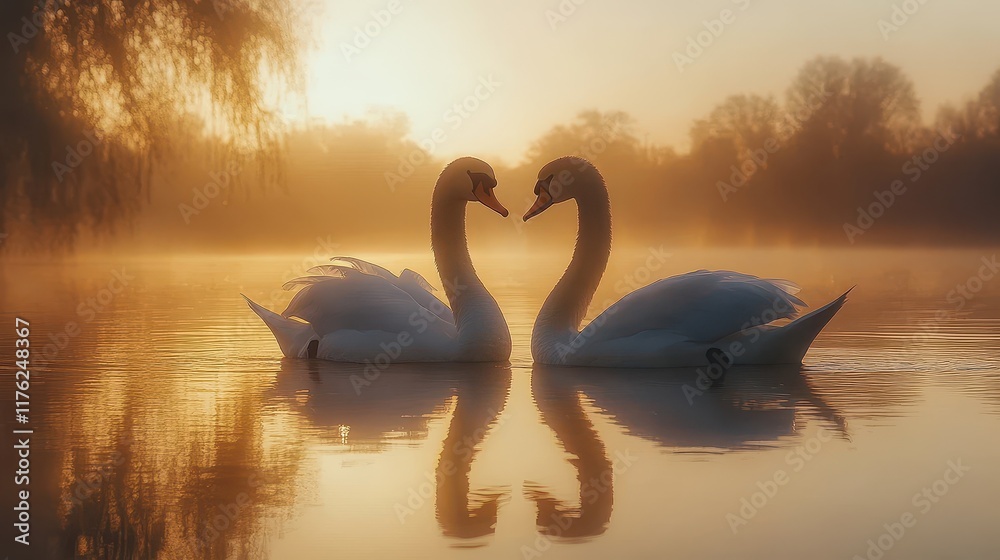 Fototapeta premium Pair of Swans Gliding Gracefully Across a Still Lake