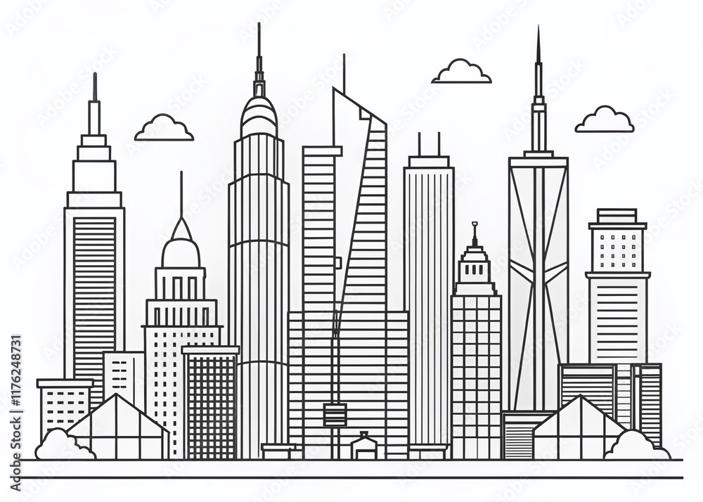 Line Drawing NYC Skyline, Minimalist Cityscape Illustration, Right Side Composition, Copy Space