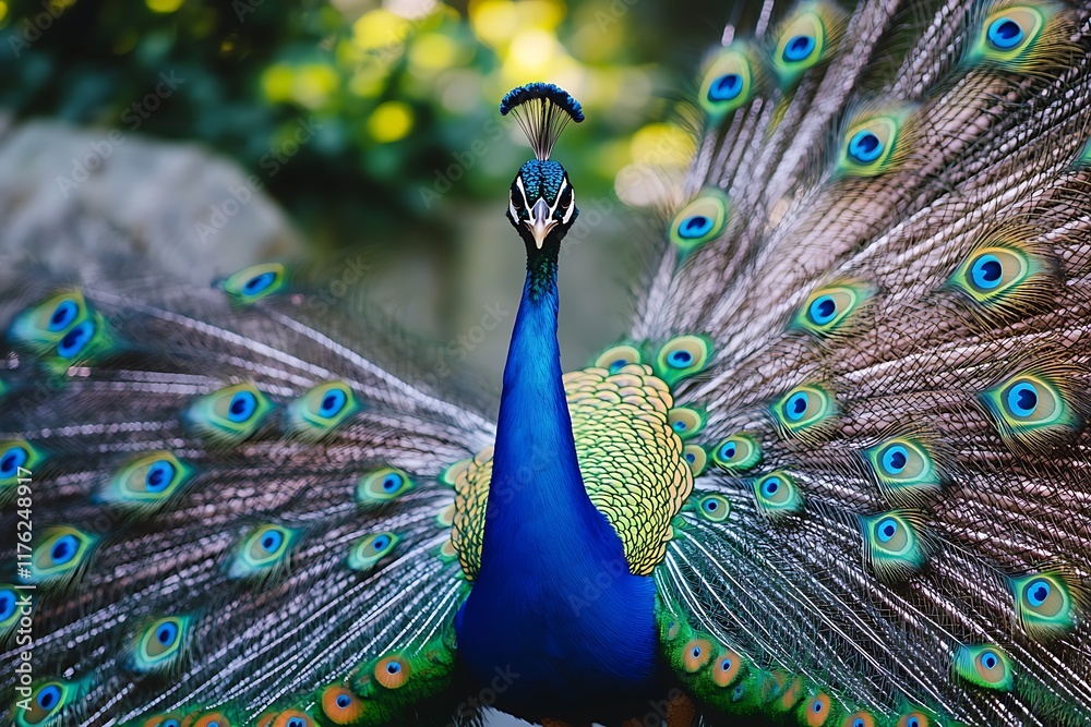 Obraz premium Beautiful peacock displaying its colorful feathers in a majestic pose, showcasing its vibrant plumage