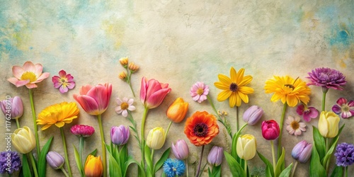 Colorful spring flowers arranged on a textured paper background with a subtle floral pattern , nature-inspired, colorful flowers