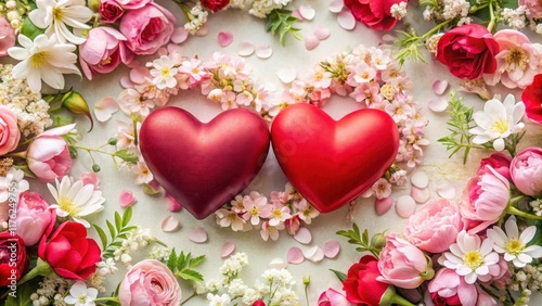Two red hearts entwined in a floral pattern with soft pink and white flowers surrounding them, creating a romantic and whimsical atmosphere, couple, heart design
