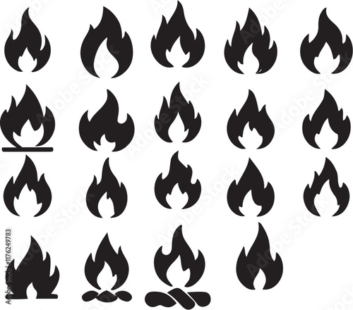 Fire Icon Collection Flame Symbols, Bonfire Silhouettes, and Flat Style Fire Designs