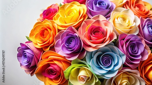 Vibrant bouquet of colorful paper roses against a soft white background, artful design, pink yellow orange purple