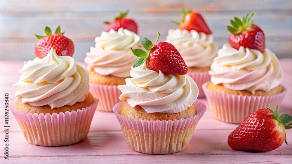 Pastel pink cupcakes with sliced strawberries and whipped cream on top, creamy topping, dessert Pastel pink cupcakes with sliced strawberries and whipped cream on top, creamy topping, dessert