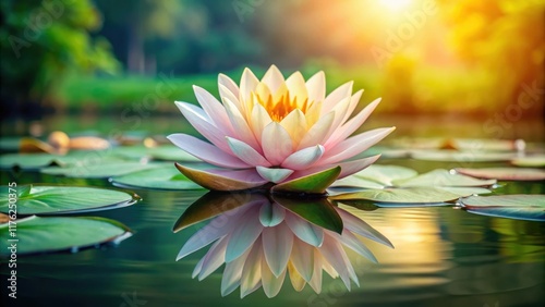 A delicate water lily with large, round leaves and a central stem rising from the surface of a serene lake, natural beauty, floral motif