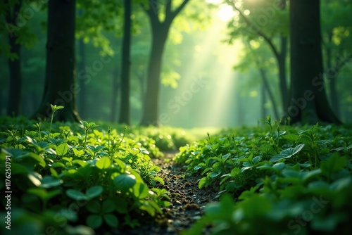 Silvery light creeps over dew-kissed forest floor, green, silvery