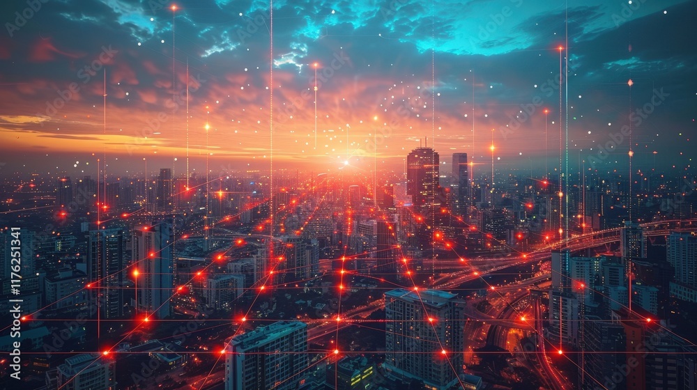 Obraz premium Innovative Smart Grid Technology Illuminates Urban Resilience at Sunset Over Cityscape