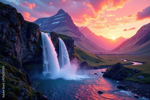 Waterfall cascading from mountains at sunset in abstract landscape, mountain, landscape, water