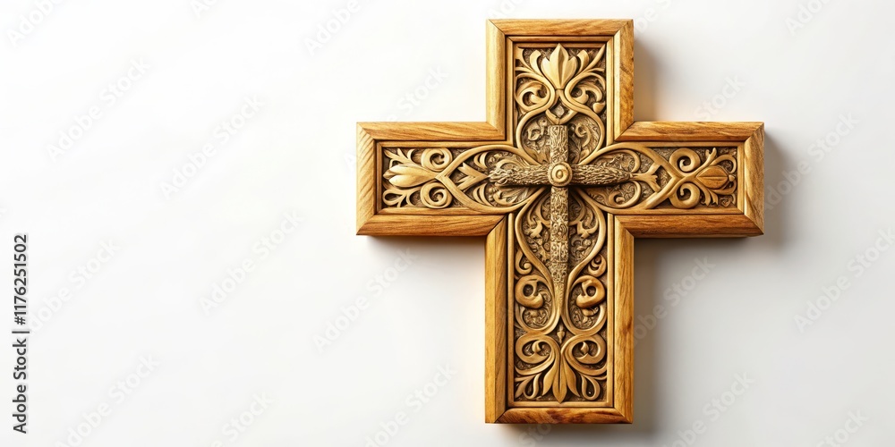 A beautiful wooden cross with intricate carvings and a stunning golden finish, set against a soft white background, symbolizing faith and devotion, icon, spirituality A beautiful wooden cross with intricate carvings and a stunning golden finish, set against a soft white background, symbolizing faith and devotion, icon, spirituality