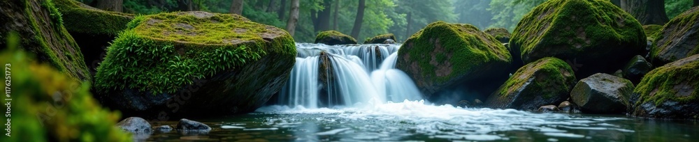 Waterfall flows over moss-covered rocks in a misty forest, moss, flow, scenery Waterfall flows over moss-covered rocks in a misty forest, moss, flow, scenery