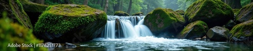 Waterfall flows over moss-covered rocks in a misty forest, moss, flow, scenery