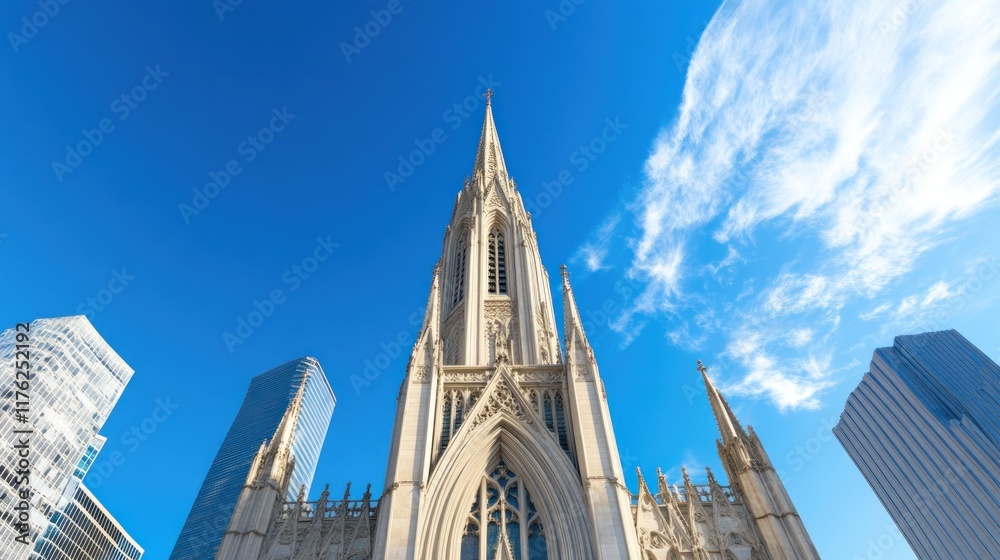 A tall church spire surrounded by modern skyscrapers under a blue sky. A tall church spire surrounded by modern skyscrapers under a blue sky.