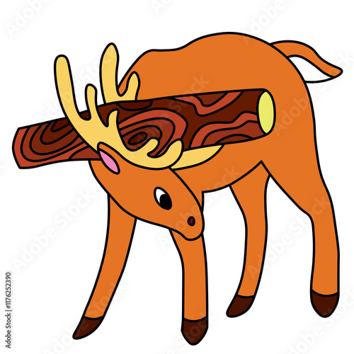 the deer stands with its head bowed and carries a small log on its antlers photo