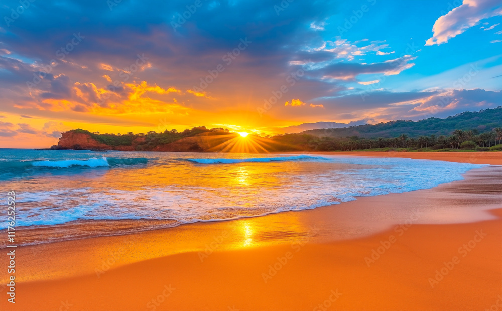 Obraz premium A beautiful sunset over the ocean with a beach in the background