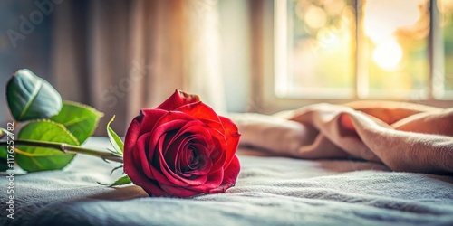 A single long-stemmed red rose lying on a bed of velvet in front of a window with soft morning light filtering in