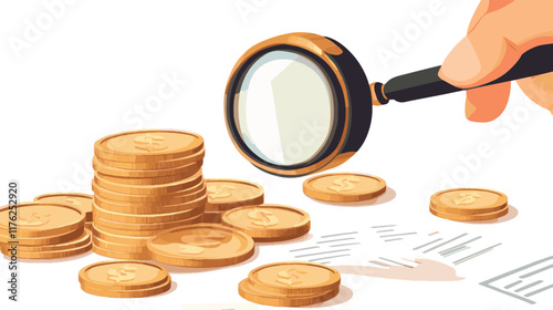 vector magnifying glass and coins