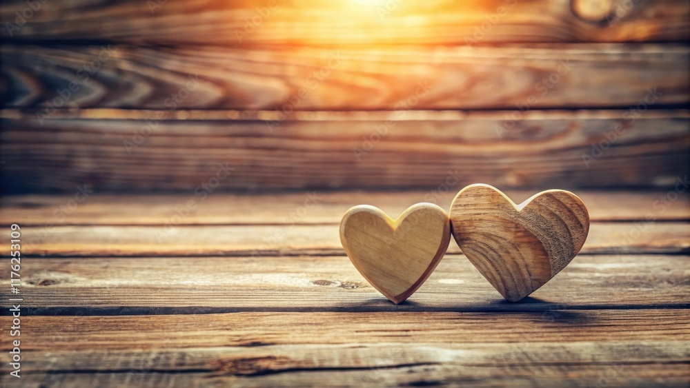 Fototapeta premium Whimsical wooden hearts placed side by side on a rustic wooden table with natural sunlight peeking through the gaps between the planks , vintage, nature