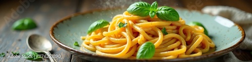 Fragrant basil leaves scattered on a plate of steaming pasta, utensils, pastalover