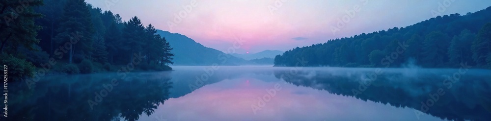 Fototapeta premium Serene forest lake at dusk with soft blue hues, calmness, lake, water