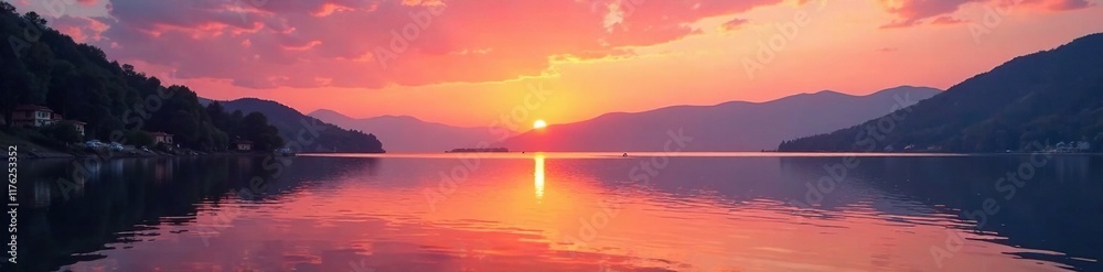 Orange and pink hues blend in the still waters of a quiet lake, sunset colors, Orange and pink hues blend in the still waters of a quiet lake, sunset colors,