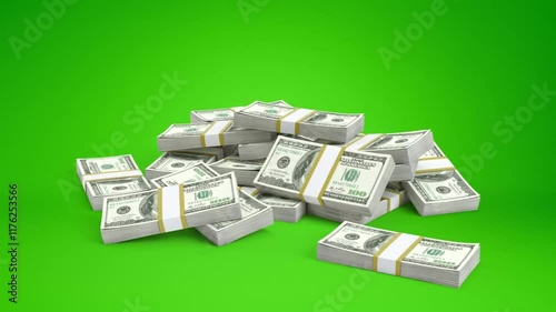 3d Stacks of money falling from above Stack Of Dollar Bills Falling. Professional with green screen background