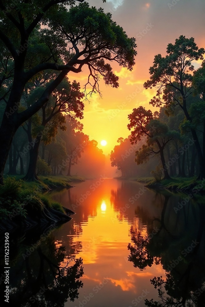 Fototapeta premium Sunset over the Sundarbans Mangrove forest with golden light filtering through the trees, Forest, Sky
