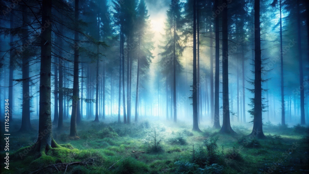 Fototapeta premium Mysterious forest at dusk with fog rolling in, scenery, woods, scenery, woods, ambiance, twilight