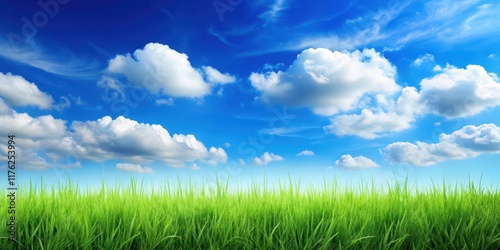 A serene landscape with a seamless grass silhouette against a bright blue sky and fluffy white clouds , outdoors, landscape