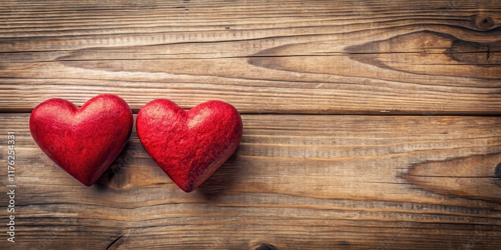 Two red hearts placed side by side on a wooden background with subtle texture and warm undertones, romantic, caring Two red hearts placed side by side on a wooden background with subtle texture and warm undertones, romantic, caring