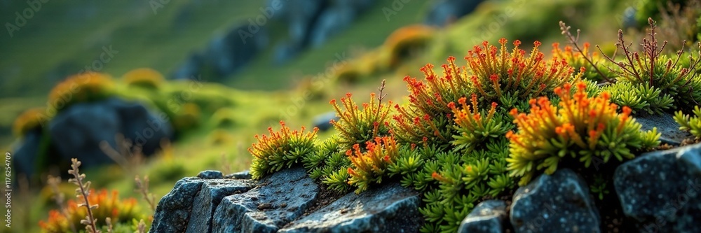 Usnea moss growth on rugged southern Shetland rock, landscape, lichen, UK Usnea moss growth on rugged southern Shetland rock, landscape, lichen, UK
