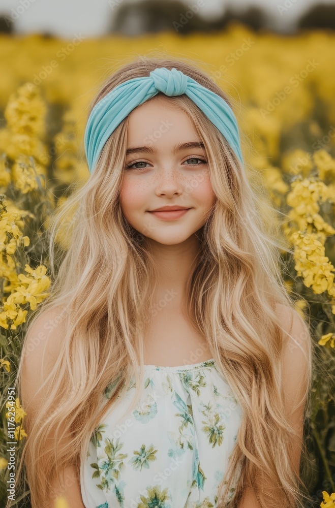 A portrait of an adorable girl with long blonde hair, wearing a blue headband and a white dress decorated with green flowers A portrait of an adorable girl with long blonde hair, wearing a blue headband and a white dress decorated with green flowers