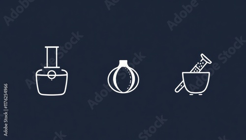 Icon set of kitchen tools: citrus juicer, garlic press, and zester photo