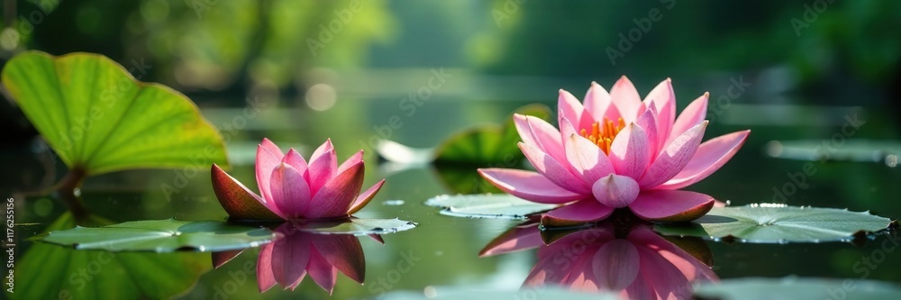 Water lilies blooming on river surface with soapwort plant in background, vegetation, aquatic Water lilies blooming on river surface with soapwort plant in background, vegetation, aquatic