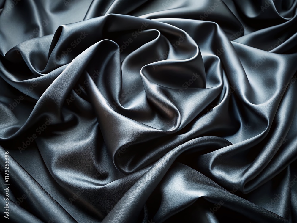 Fototapeta premium Luxurious Black Silk Fabric Drape, Smooth Velvet Texture, Close-up Photography