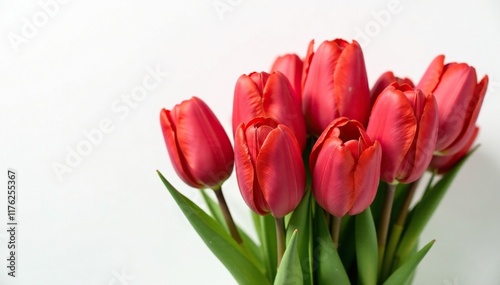 Large box of red tulip bouquets on white background, floral, , flowers