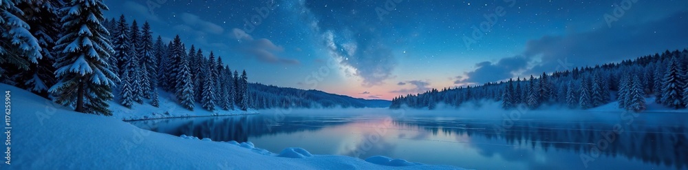 Fototapeta premium Snowflakes gently fall on a frozen lake under a starry night sky, woods, snow, forest