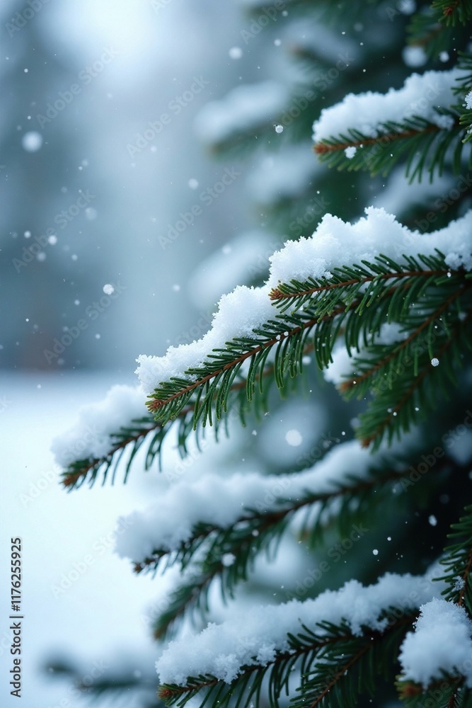 Snowflakes gently falling on a bed of evergreen branches, snow, snowy scene, white Snowflakes gently falling on a bed of evergreen branches, snow, snowy scene, white