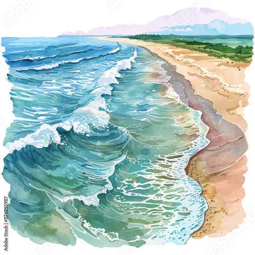 serene beach with waves vector illustration in watercolor style