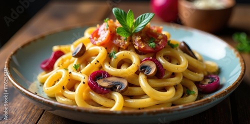 Twisted trofie pasta with saut?ed radicchio and autumnal mushrooms, trofie, earthy tones
