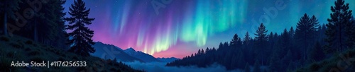 Wallpaper Mural Aurora borealis glowing through forest canopy, ethereal, night sky, aurora borealis Torontodigital.ca